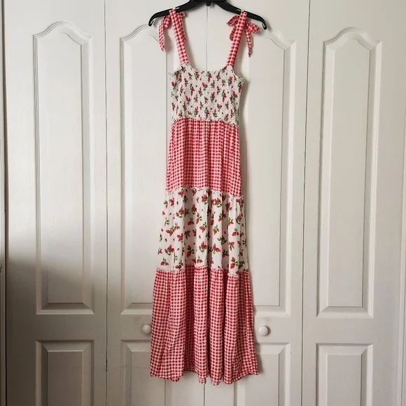 Bebop gingham checkered strawberry smocked maxi dress peasant M tiered festival - Picture 3 of 8